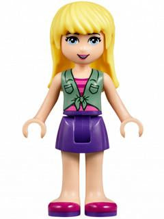 LEGO Minifigure-Stephanie, Dark Purple Skirt, Sand Green Knotted Blouse Top over Magenta and Pink Striped Shirt-Friends-FRND148-Creative Brick Builders